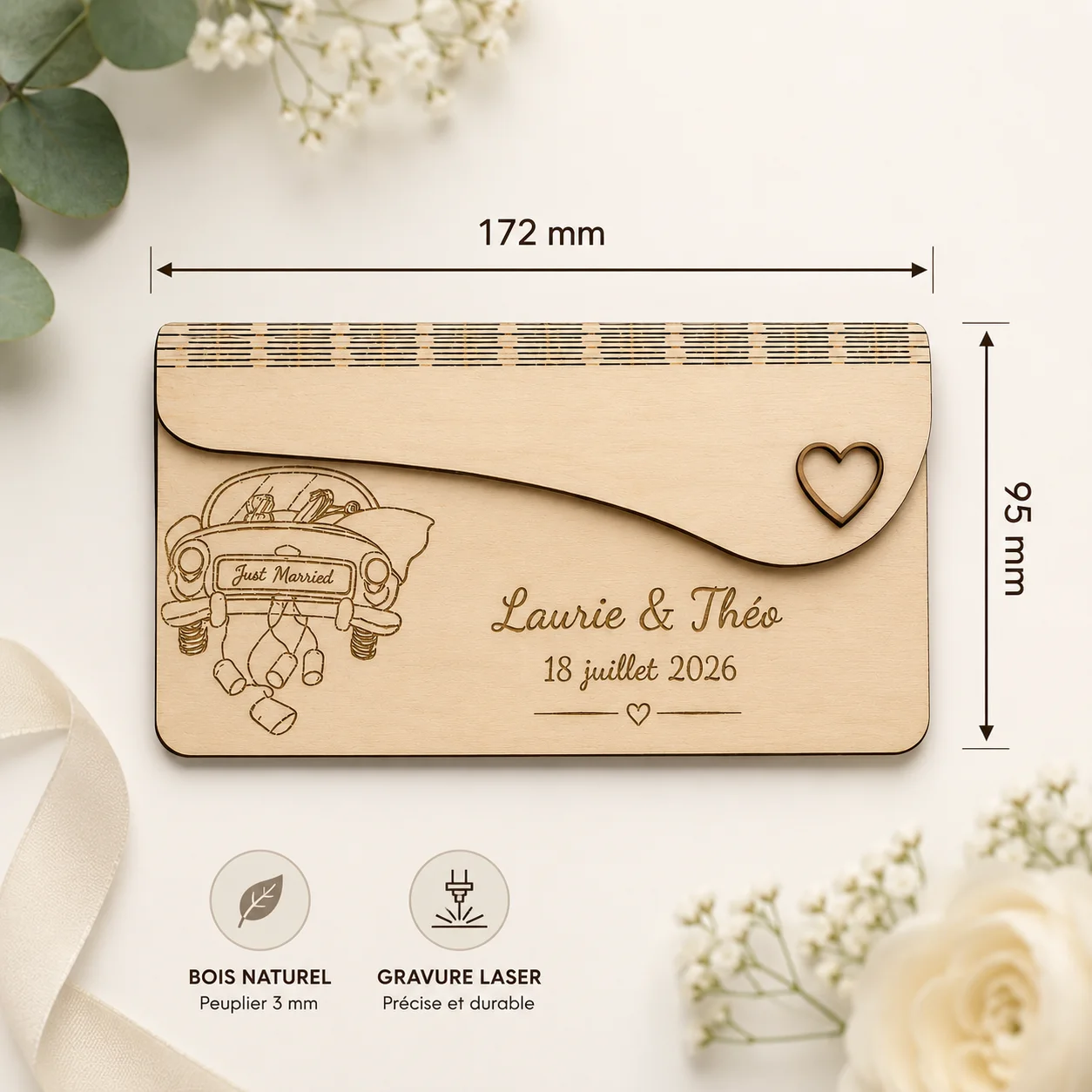 Enveloppe en bois personnalisée pour mariage – Voiture des mariés – Image 6
