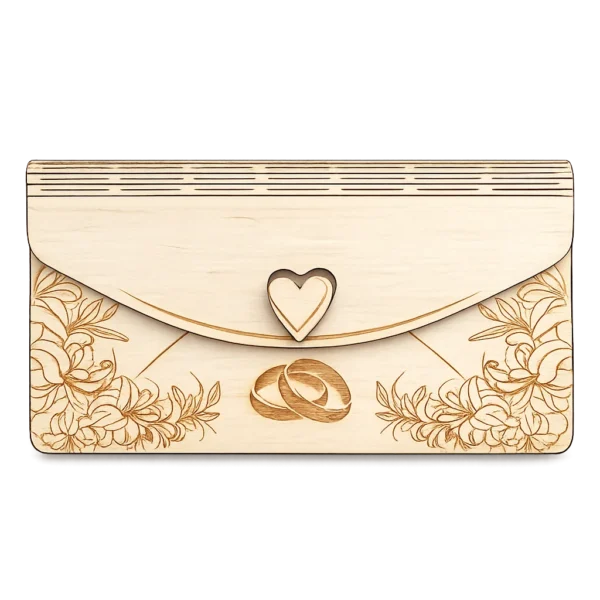 Porte-chèque mariage personnalisé en bois – Alliances & fleurs