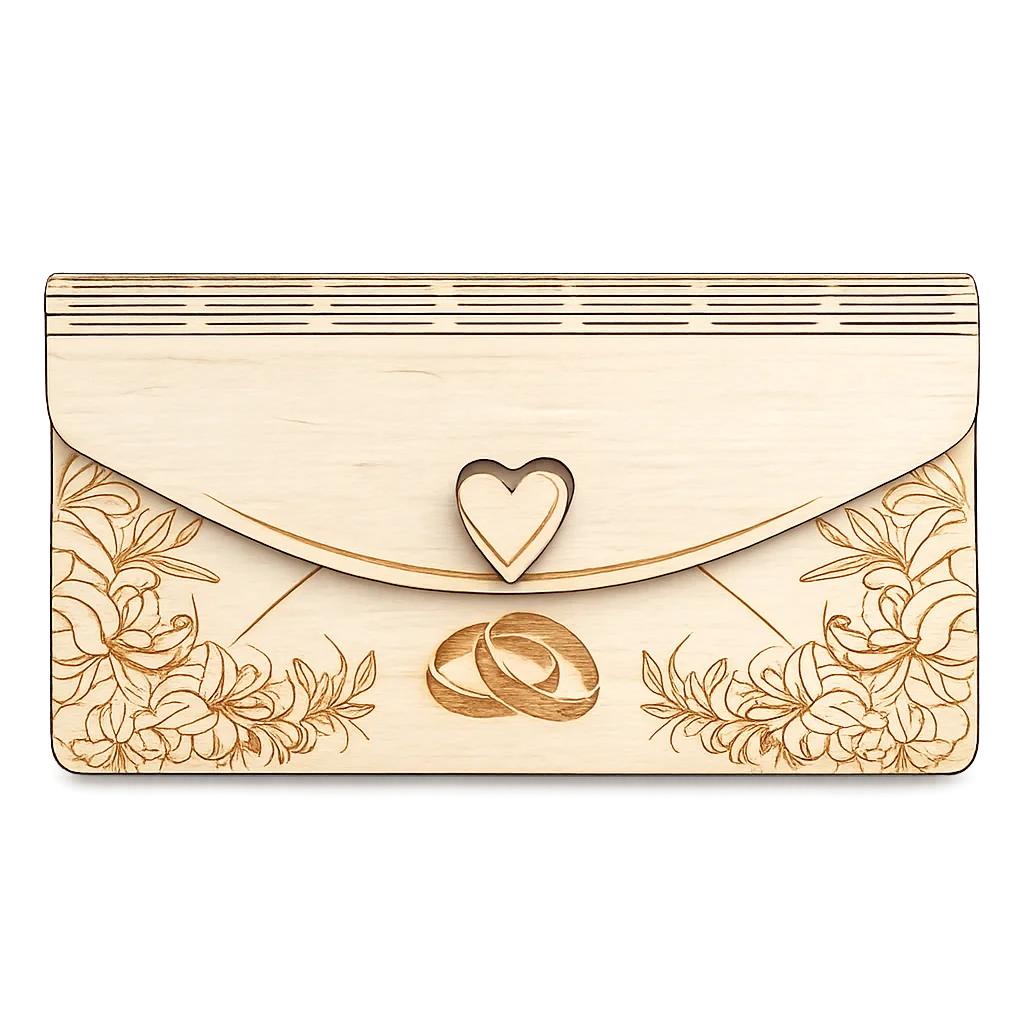 Porte-chèque mariage personnalisé en bois – Alliances & fleurs