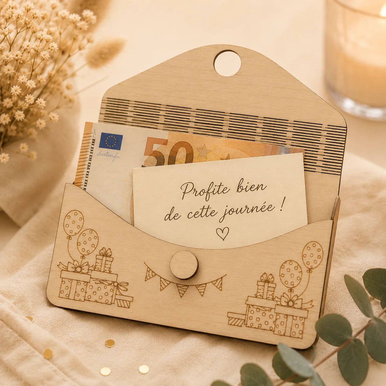 Enveloppe anniversaire en bois personnalisée – Cadeaux & Ballons – Image 4