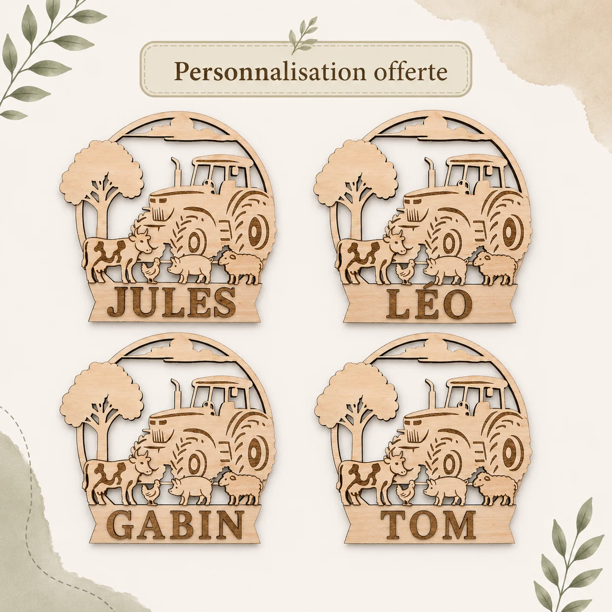 Plaque prénom personnalisée en bois – Tracteur & Animaux de la ferme – Image 5