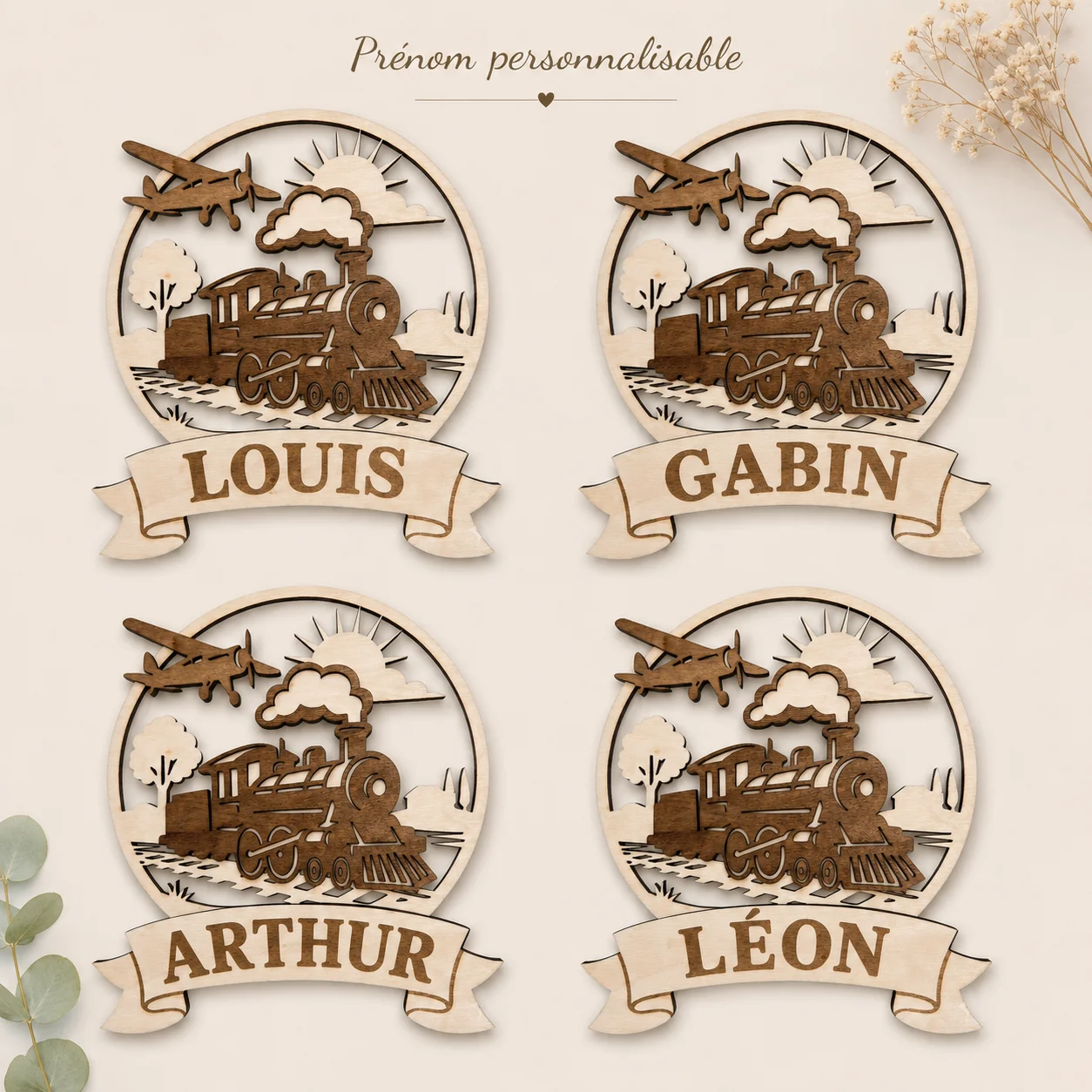 Plaque prénom personnalisée en bois – Train & Avion – Décoration chambre enfant – Image 6