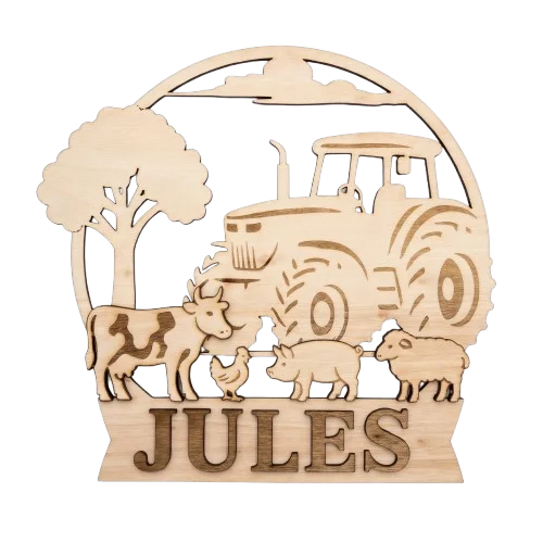 Plaque prénom personnalisée en bois – Tracteur & Animaux de la ferme