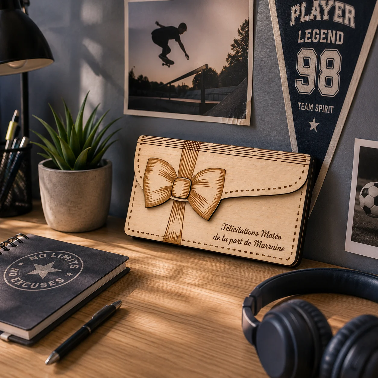 Enveloppe cadeau en bois personnalisée avec ruban gravé – Image 6