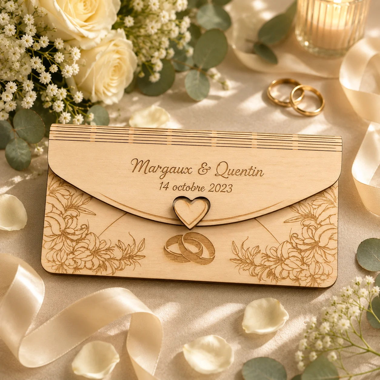 Porte-chèque mariage personnalisé en bois – Alliances & fleurs – Image 5