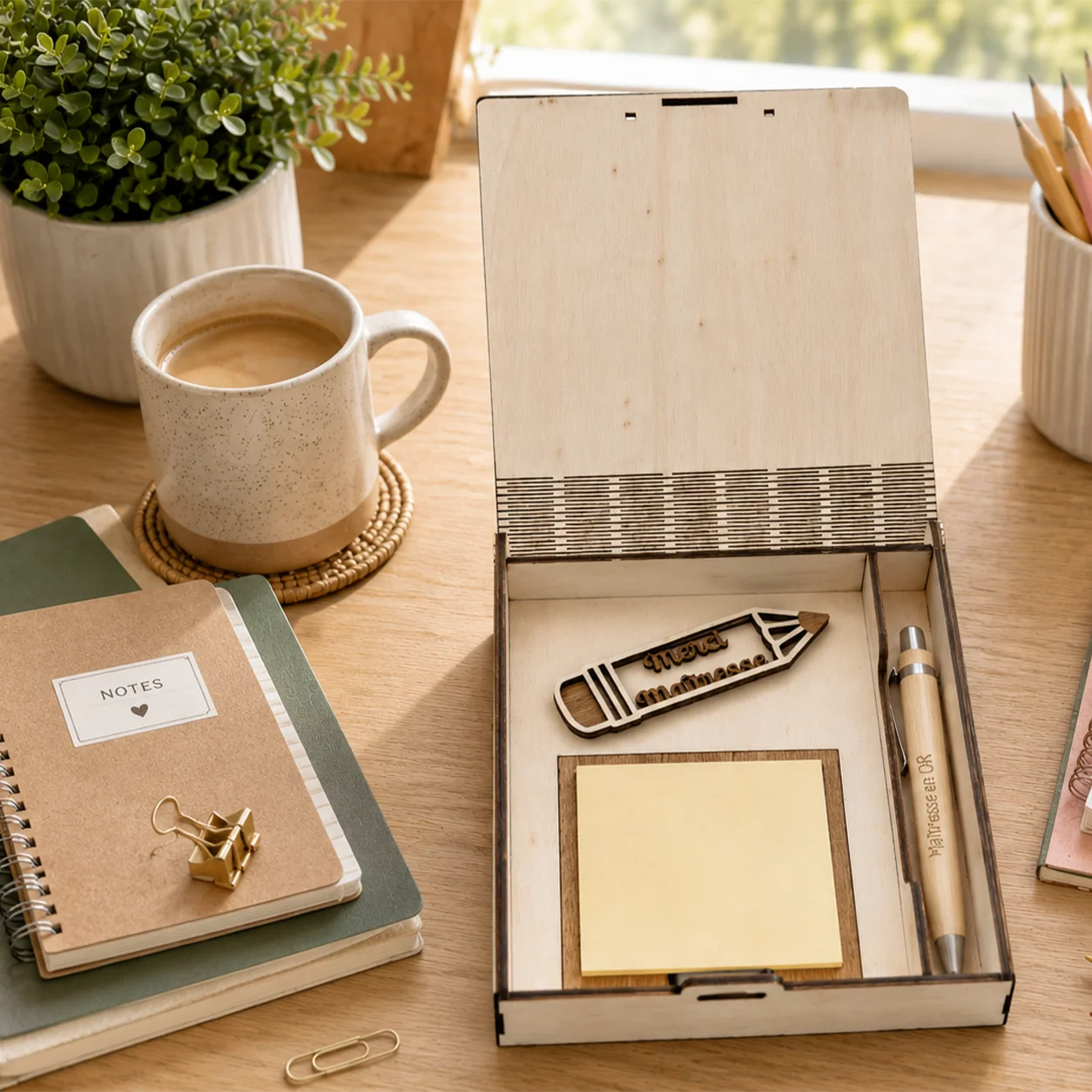 Coffret personnalisé Maître ou Maîtresse en bois – Cadeau de fin d'année avec bloc-notes et stylo – Image 2