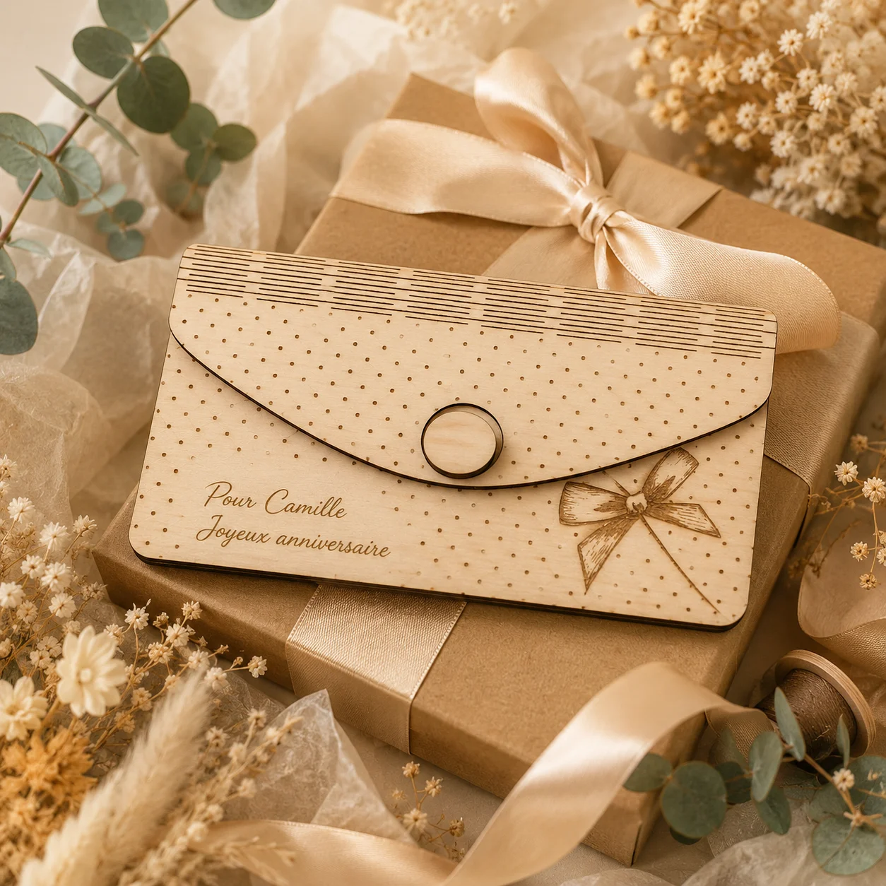 Enveloppe cadeau en bois personnalisée – Ruban & nœud – Image 5