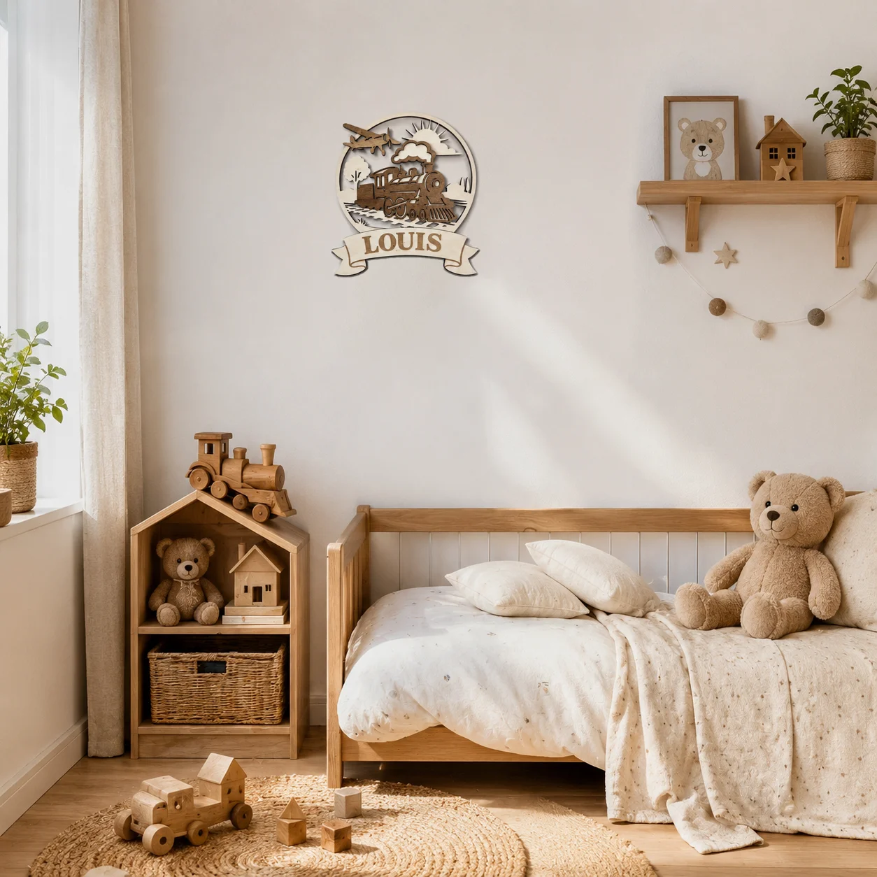 Plaque prénom personnalisée en bois – Train & Avion – Décoration chambre enfant – Image 2