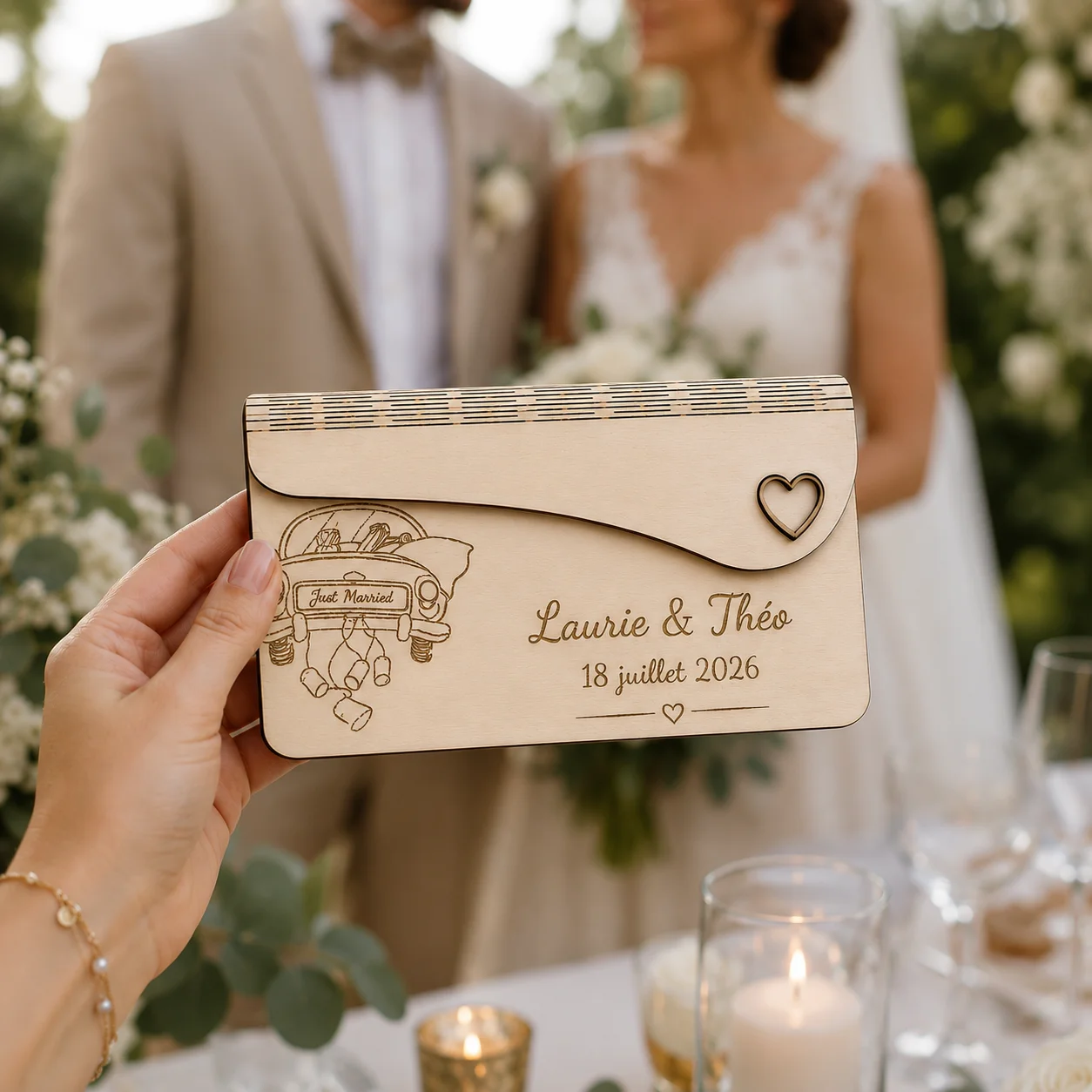 Enveloppe en bois personnalisée pour mariage – Voiture des mariés – Image 5