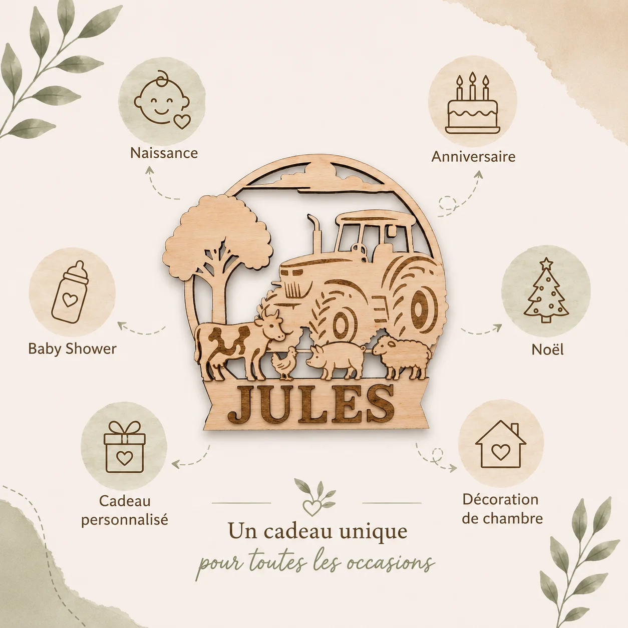 Plaque prénom personnalisée en bois – Tracteur & Animaux de la ferme – Image 6