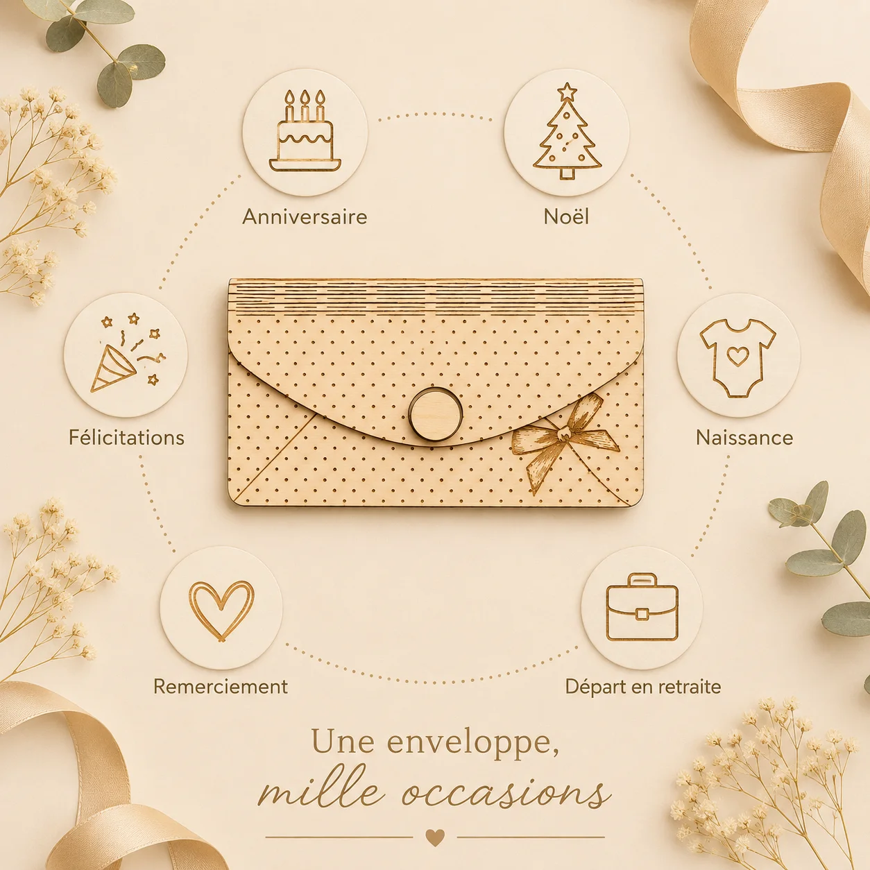 Enveloppe cadeau en bois personnalisée – Ruban & nœud – Image 6