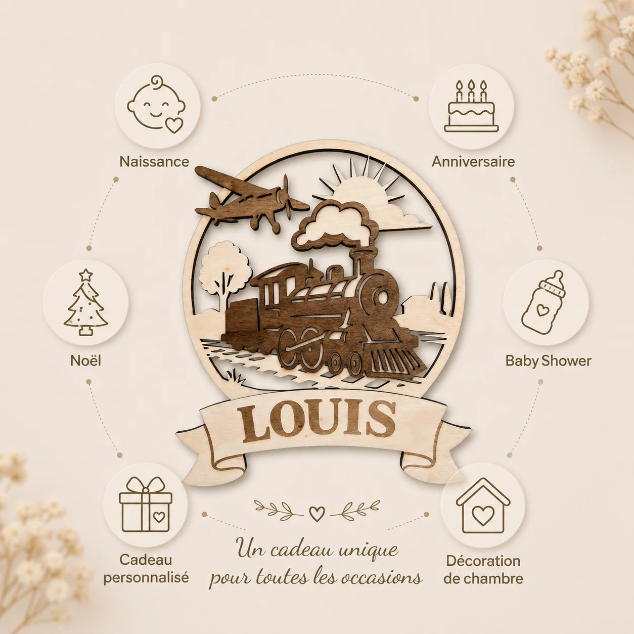Plaque prénom personnalisée en bois – Train & Avion – Décoration chambre enfant – Image 7