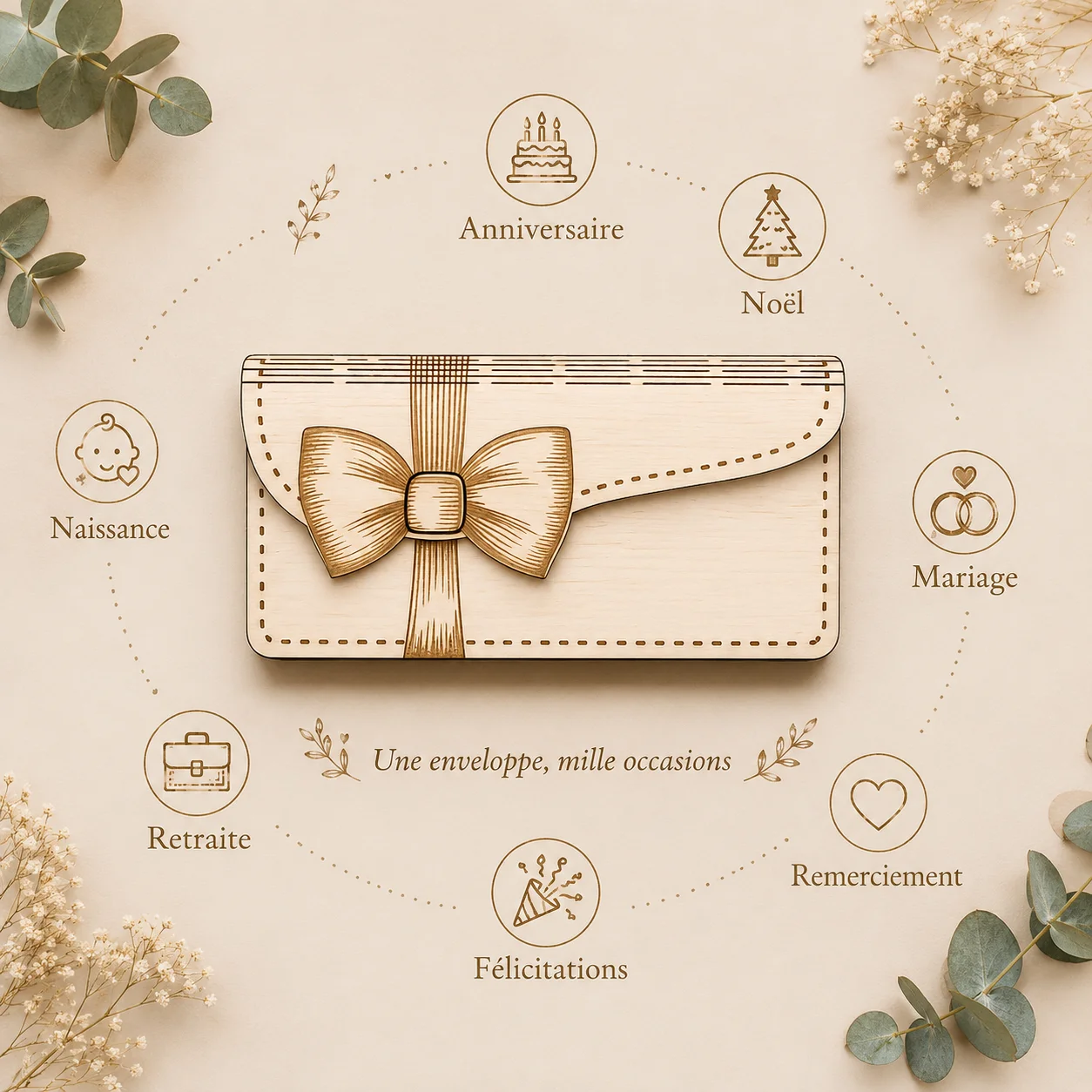 Enveloppe cadeau en bois personnalisée avec ruban gravé – Image 5