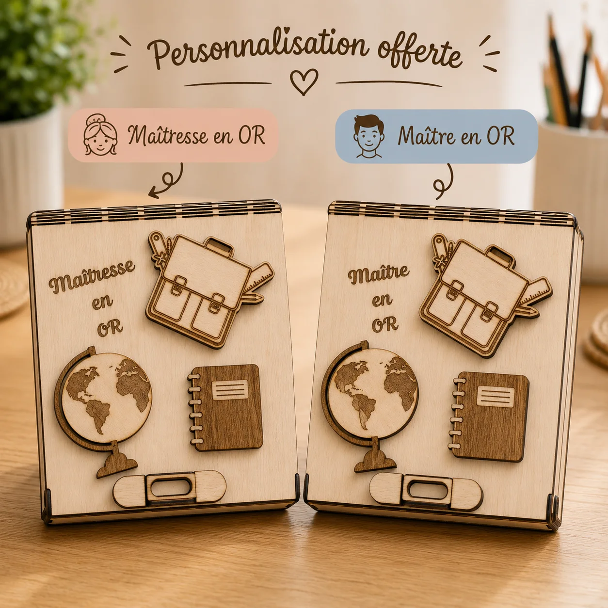 Coffret personnalisé Maître ou Maîtresse en bois – Cadeau de fin d'année avec bloc-notes et stylo – Image 4