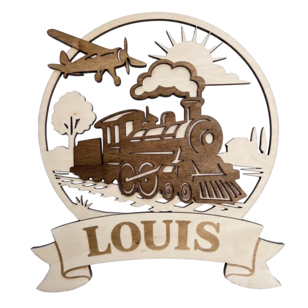 Plaque prénom personnalisée en bois – Train & Avion – Décoration chambre enfant