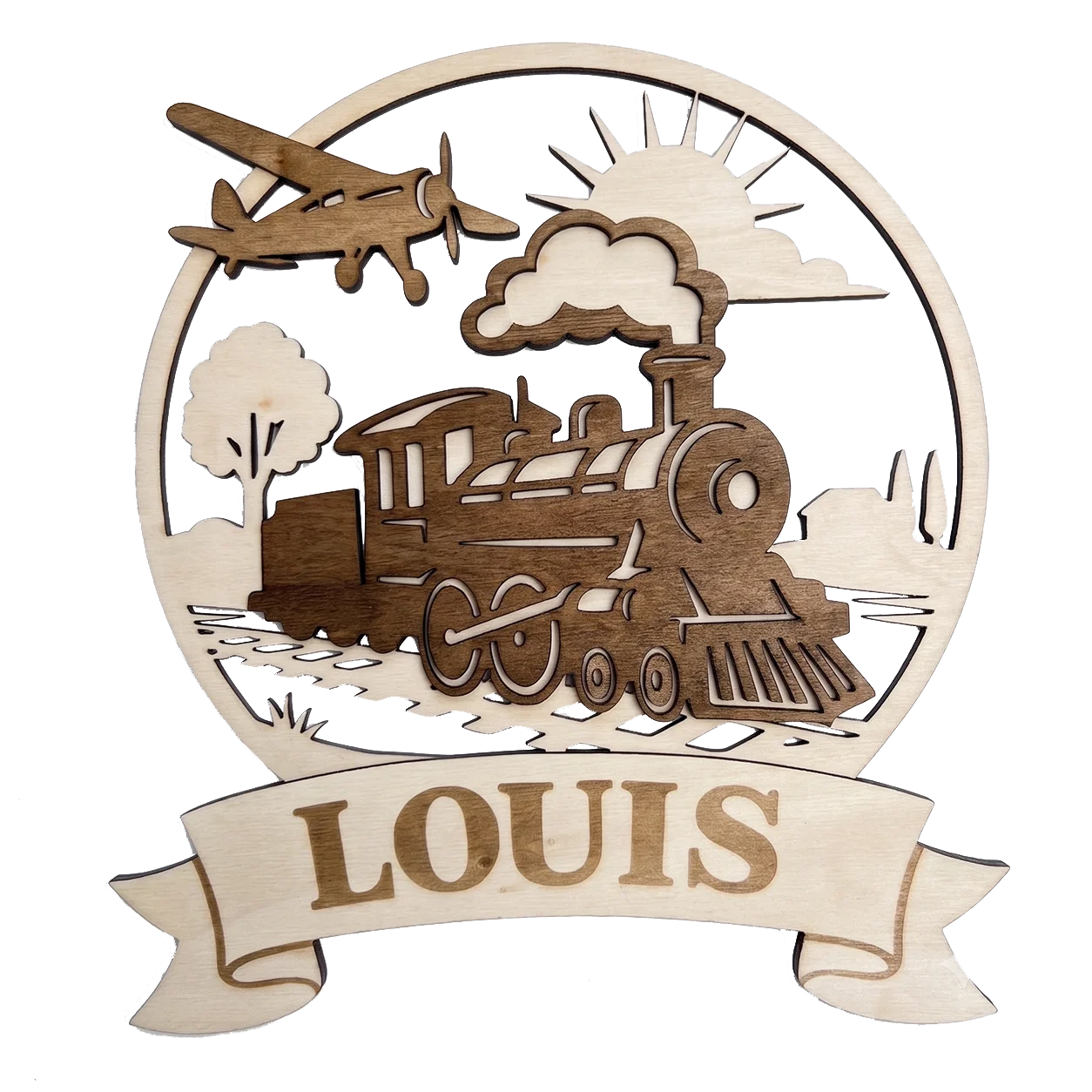 Plaque prénom personnalisée en bois – Train & Avion – Décoration chambre enfant