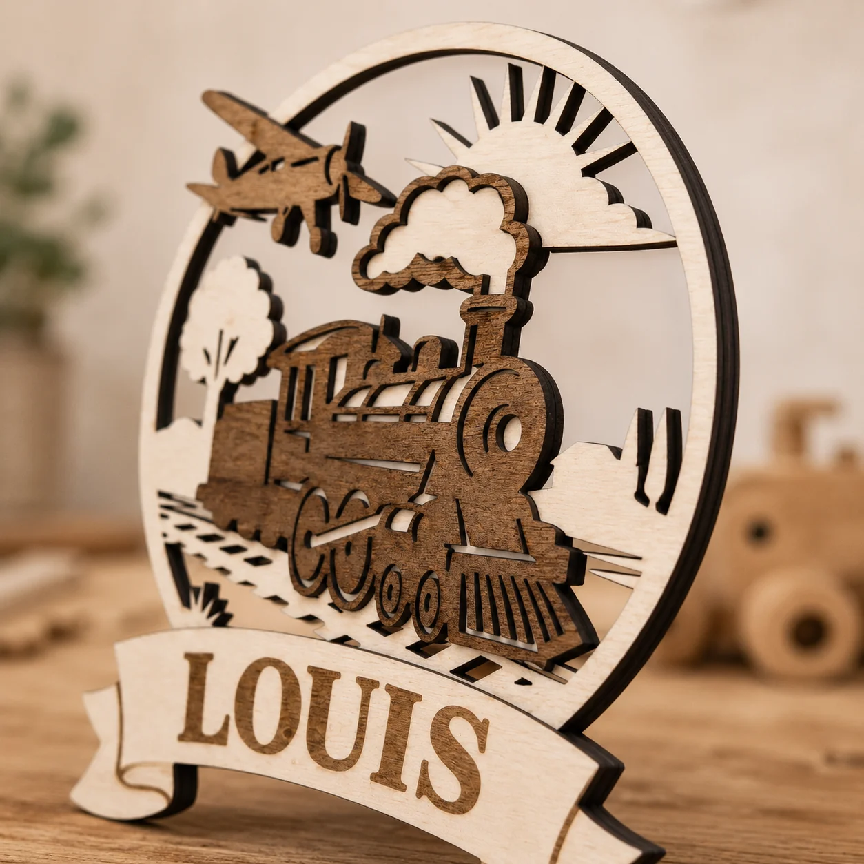 Plaque prénom personnalisée en bois – Train & Avion – Décoration chambre enfant – Image 4
