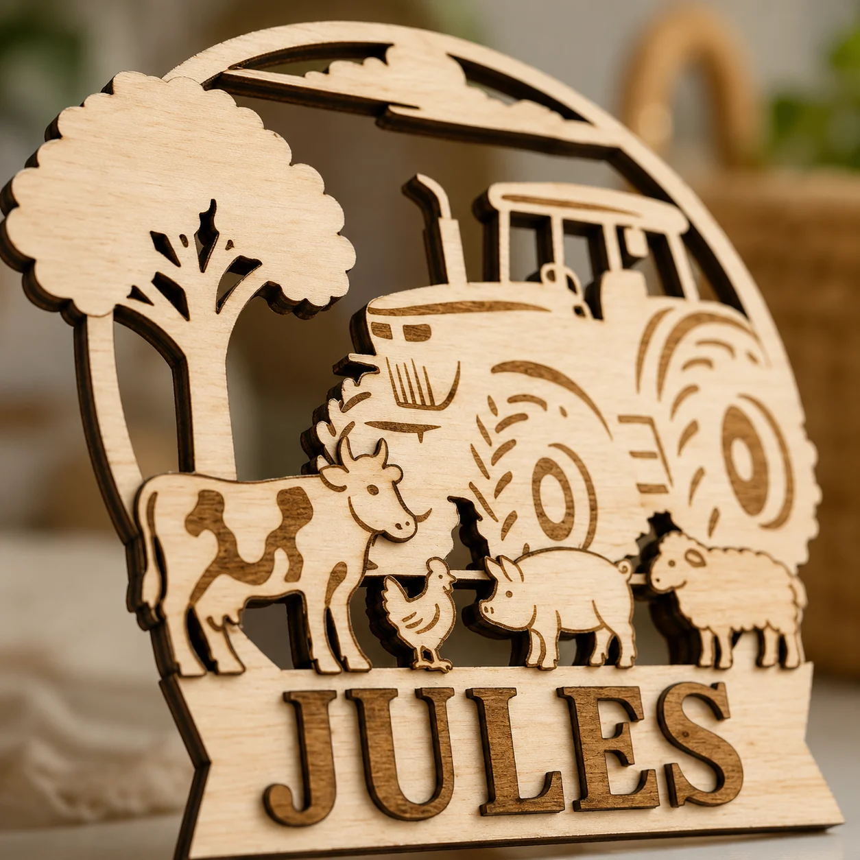 Plaque prénom personnalisée en bois – Tracteur & Animaux de la ferme – Image 3