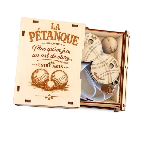 Coffret pétanque personnalisé en bois avec compteur de score et cochonnet