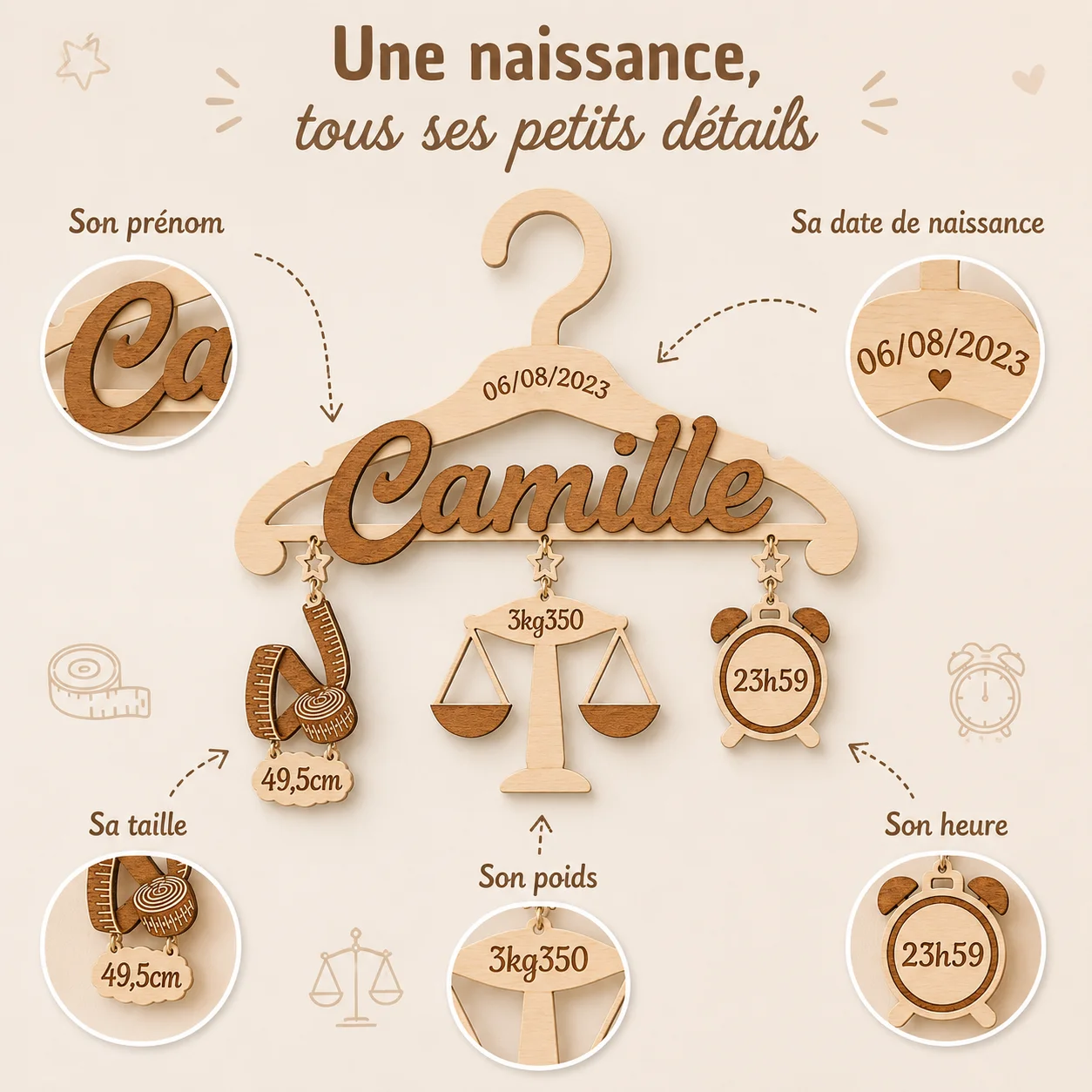 Cintre de naissance personnalisé en bois – Prénom et informations de naissance – Image 3