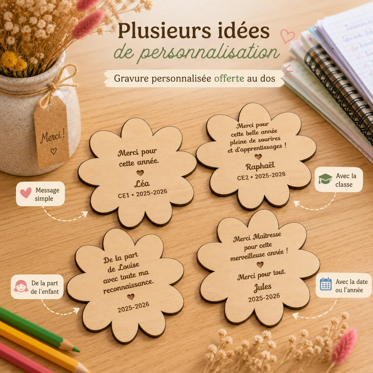 Fleur en bois gravée "Merci Maîtresse" – Cadeau personnalisé de fin d'année scolaire – Image 5