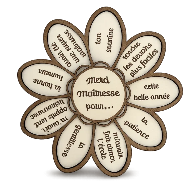 Fleur en bois gravée "Merci Maîtresse" – Cadeau personnalisé de fin d'année scolaire