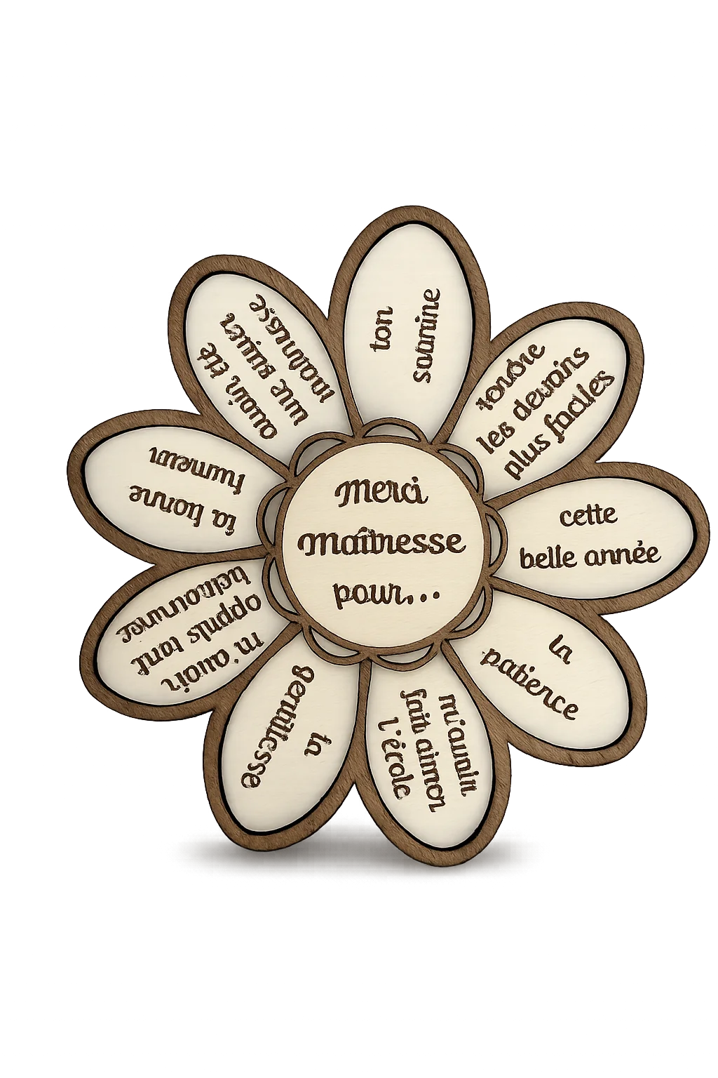 Fleur en bois gravée "Merci Maîtresse" – Cadeau personnalisé de fin d'année scolaire