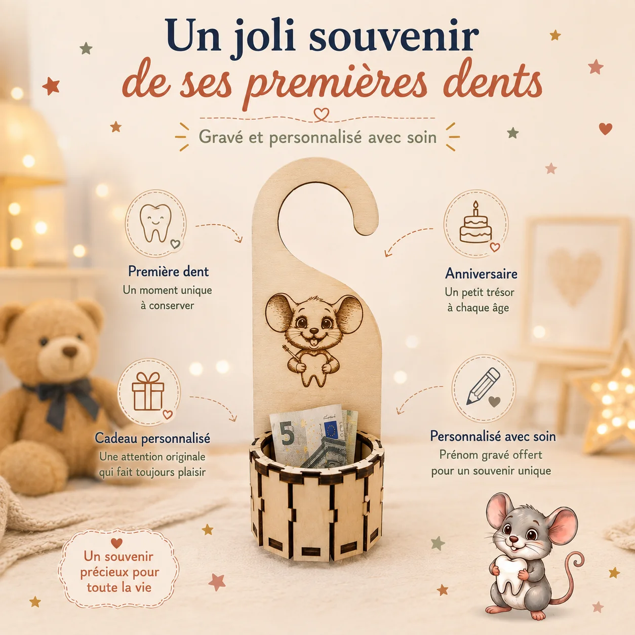 Accroche-porte boîte à dents de lait personnalisée – Petite Souris et sa Dent – Image 9