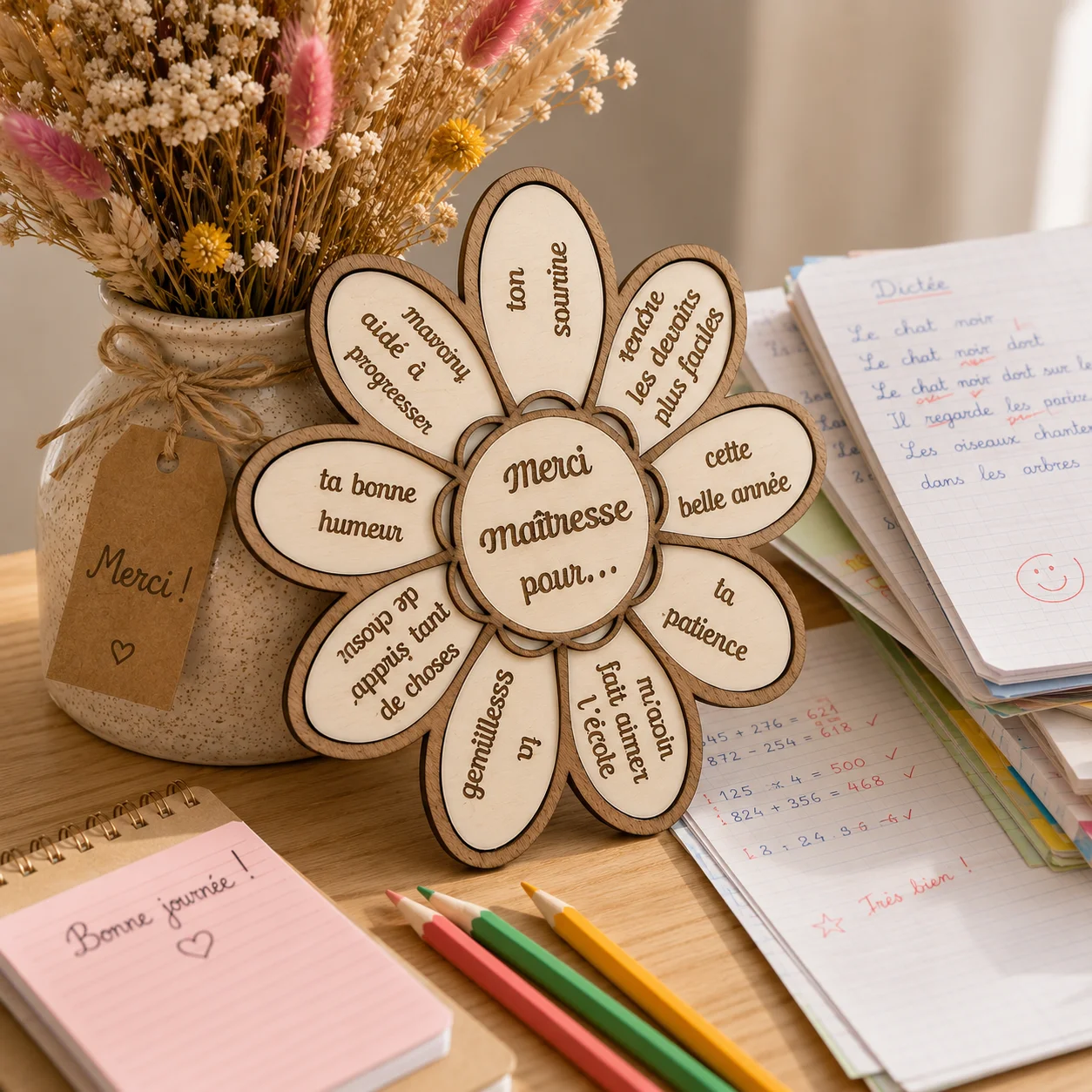 Fleur en bois gravée "Merci Maîtresse" – Cadeau personnalisé de fin d'année scolaire – Image 2