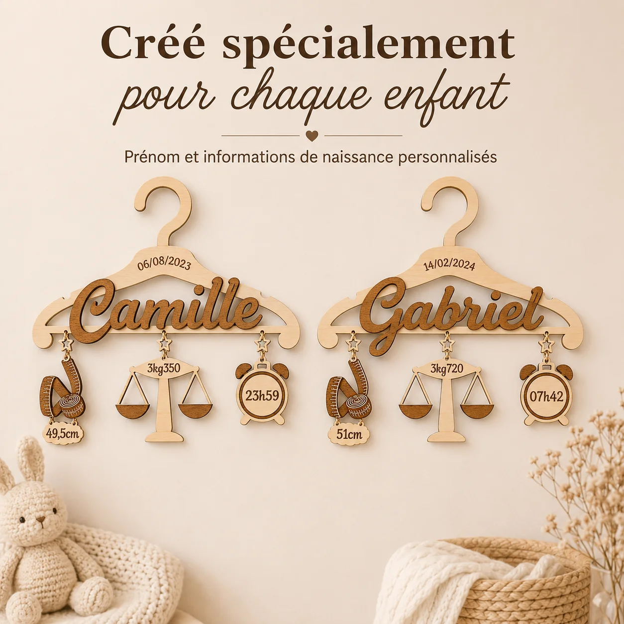 Cintre de naissance personnalisé en bois – Prénom et informations de naissance – Image 5