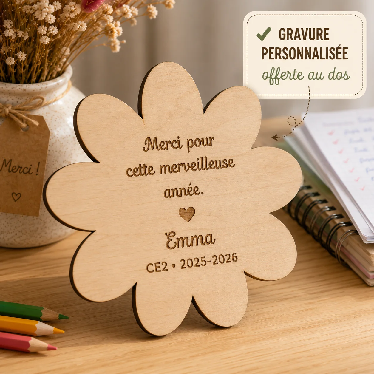 Fleur en bois gravée "Merci Maîtresse" – Cadeau personnalisé de fin d'année scolaire – Image 4