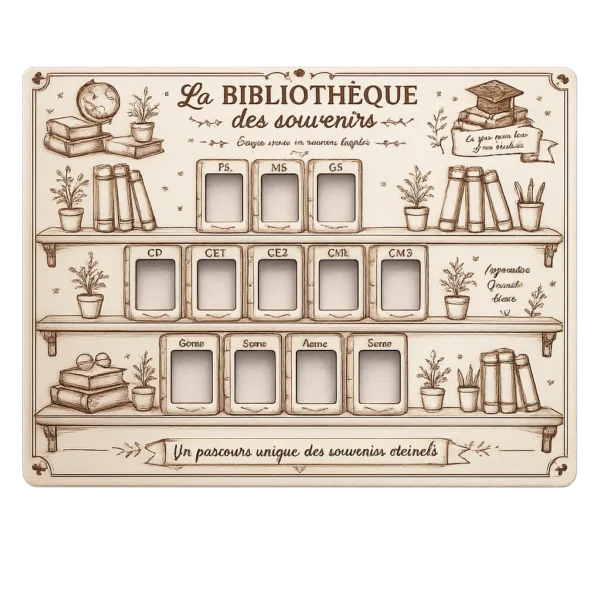 Bibliothèque des souvenirs personnalisée en bois - Cadre photos scolaires à accrocher ou à poser