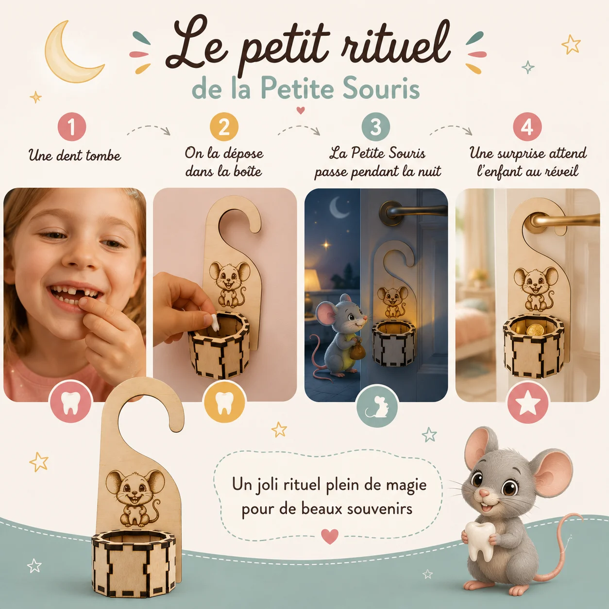 Accroche-porte boîte à dents de lait personnalisée – Petite Souris câline – Image 6