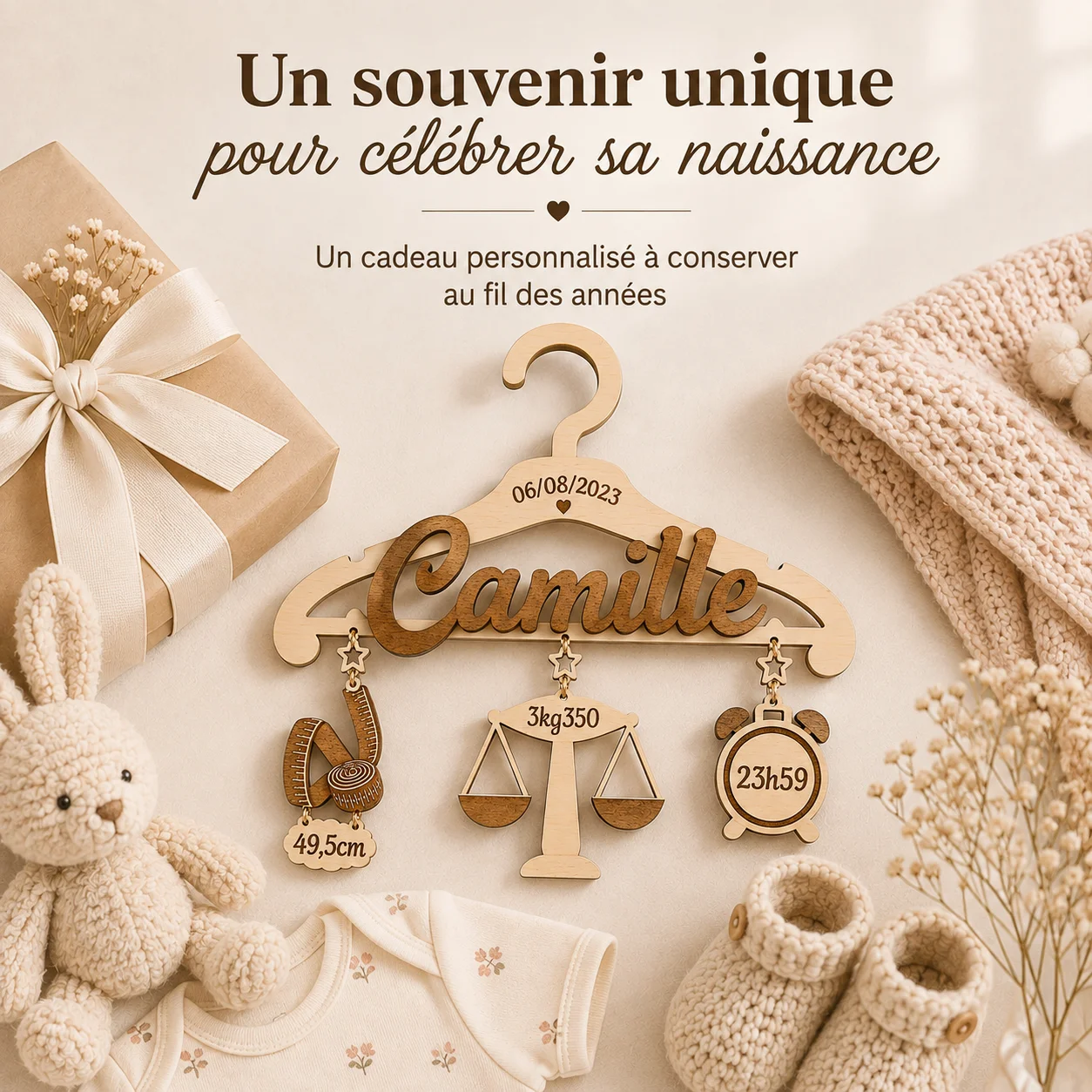 Cintre de naissance personnalisé en bois – Prénom et informations de naissance – Image 6