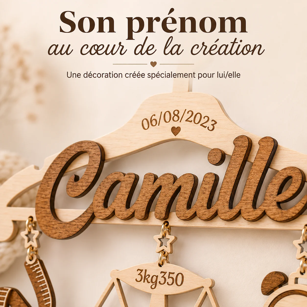 Cintre de naissance personnalisé en bois – Prénom et informations de naissance – Image 4