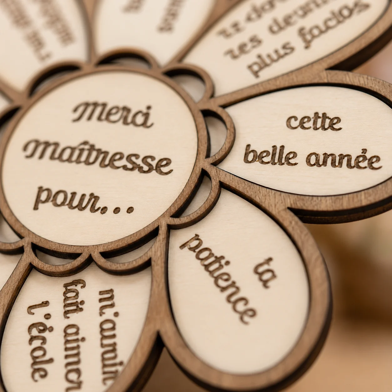 Fleur en bois gravée "Merci Maîtresse" – Cadeau personnalisé de fin d'année scolaire – Image 3