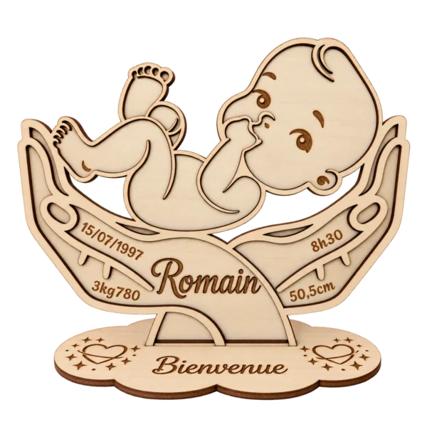 Décoration naissance personnalisée en bois – Bébé dans les mains