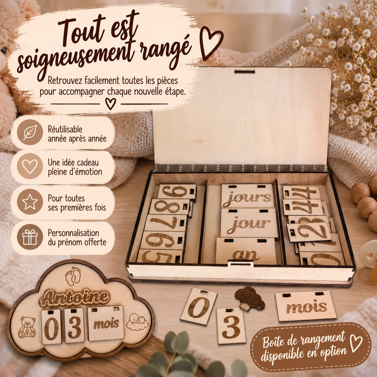 Carte étapes bébé en bois personnalisée – Nuage – Image 4