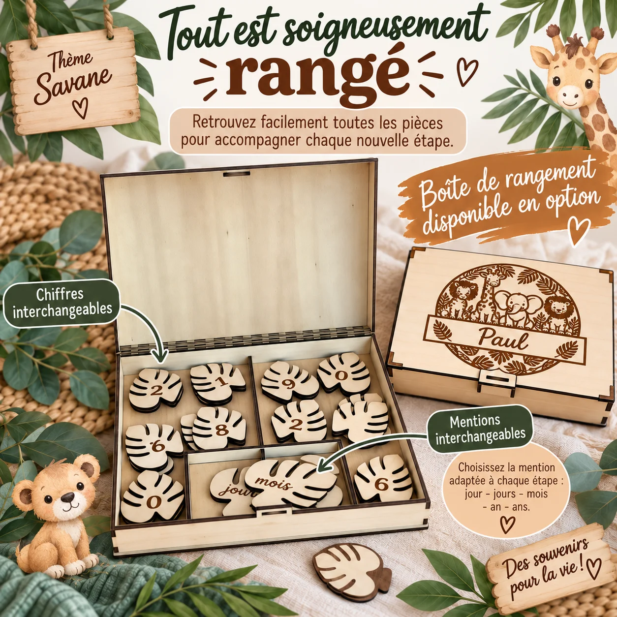 Cartes étapes bébé en bois personnalisées – Savane – Image 4