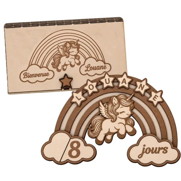 Cartes étapes bébé en bois personnalisées – Licorne & Arc-en-ciel
