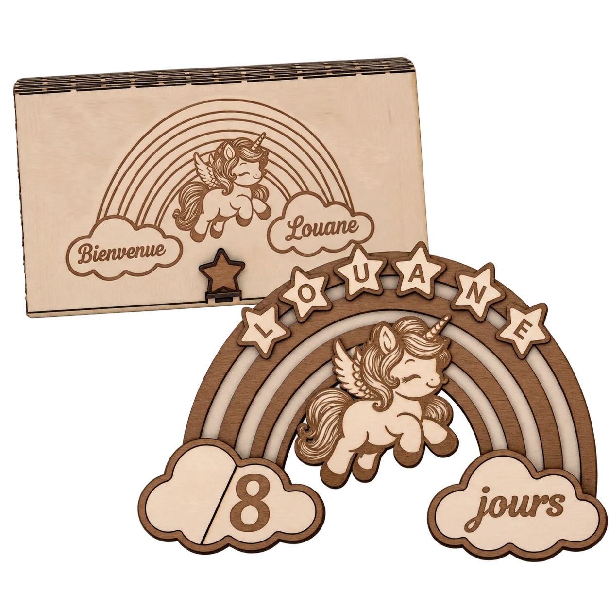 Cartes étapes bébé en bois personnalisées – Licorne & Arc-en-ciel