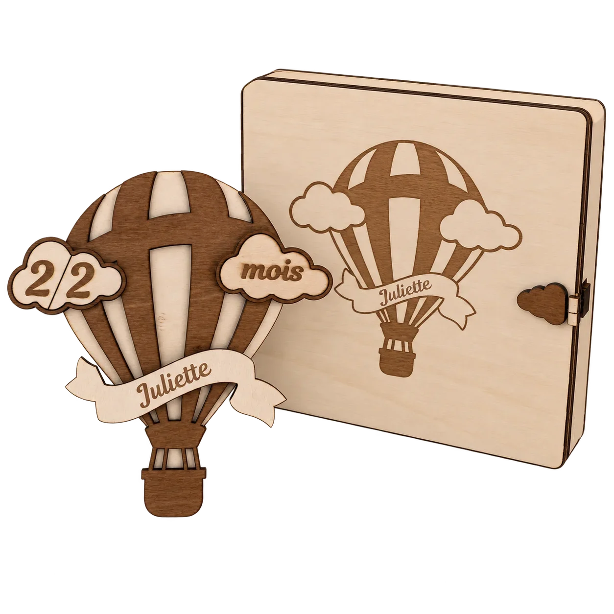 Cartes étapes bébé en bois personnalisées – Montgolfière