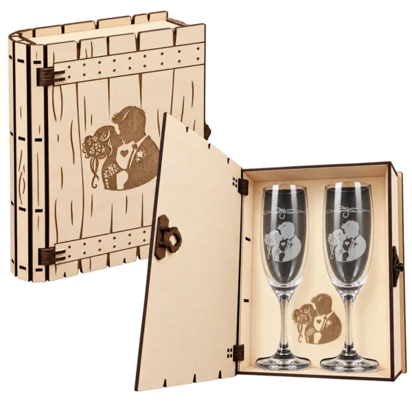 Coffret livre mariage en bois avec 2 flûtes gravées – Les mariés