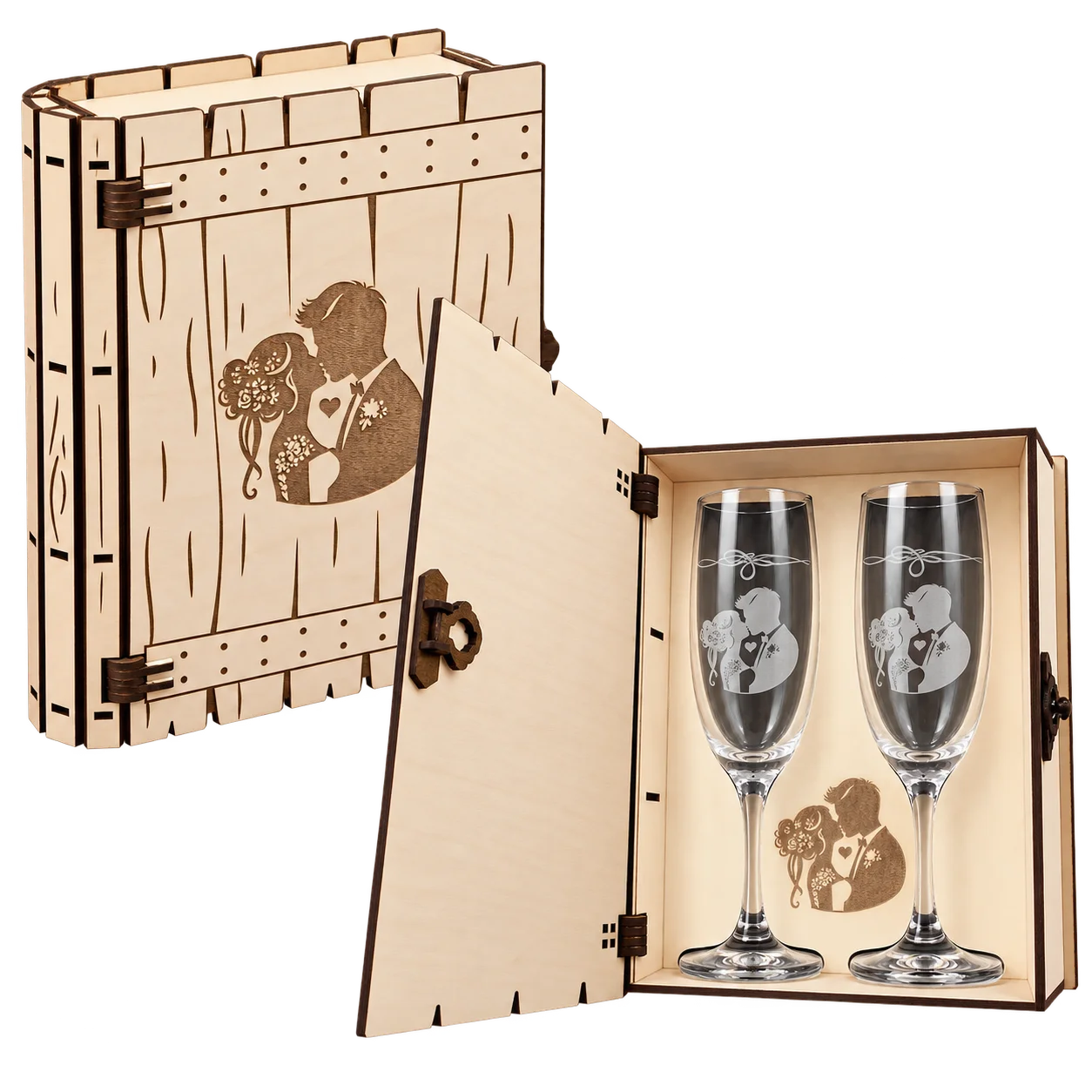 Coffret livre mariage en bois avec 2 flûtes gravées – Les mariés