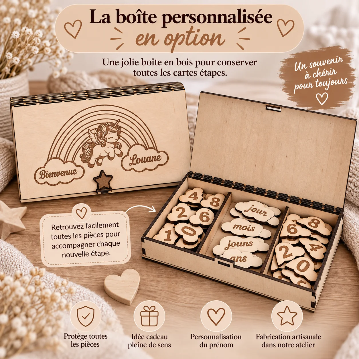 Cartes étapes bébé en bois personnalisées – Licorne & Arc-en-ciel – Image 4