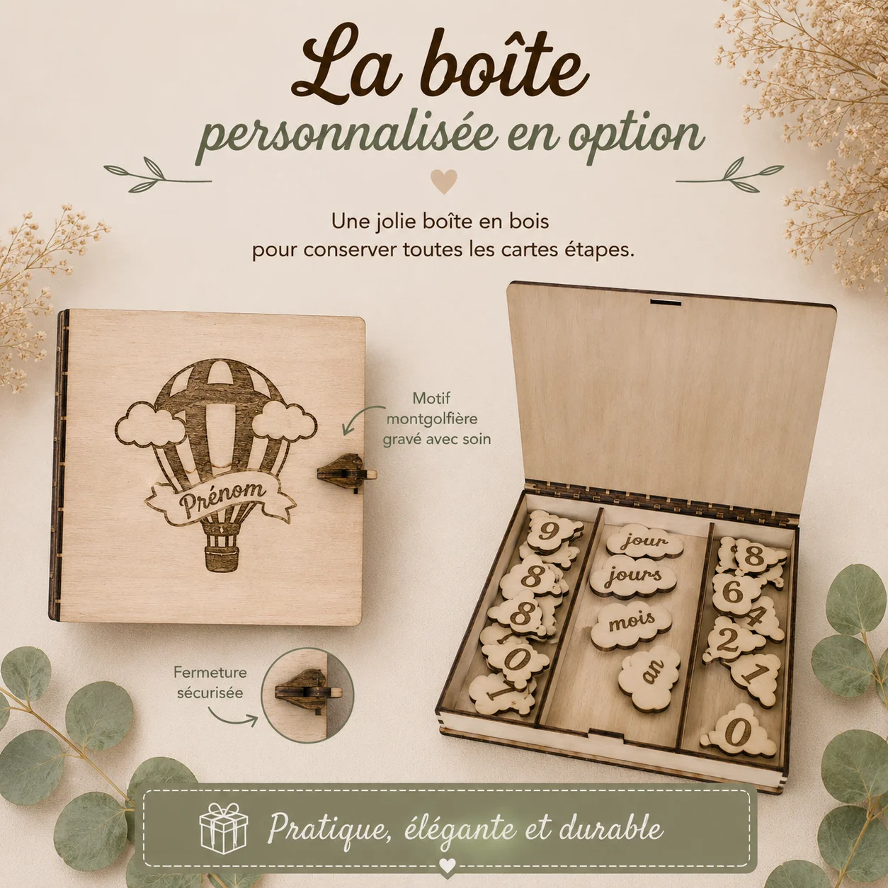 Cartes étapes bébé en bois personnalisées – Montgolfière – Image 6