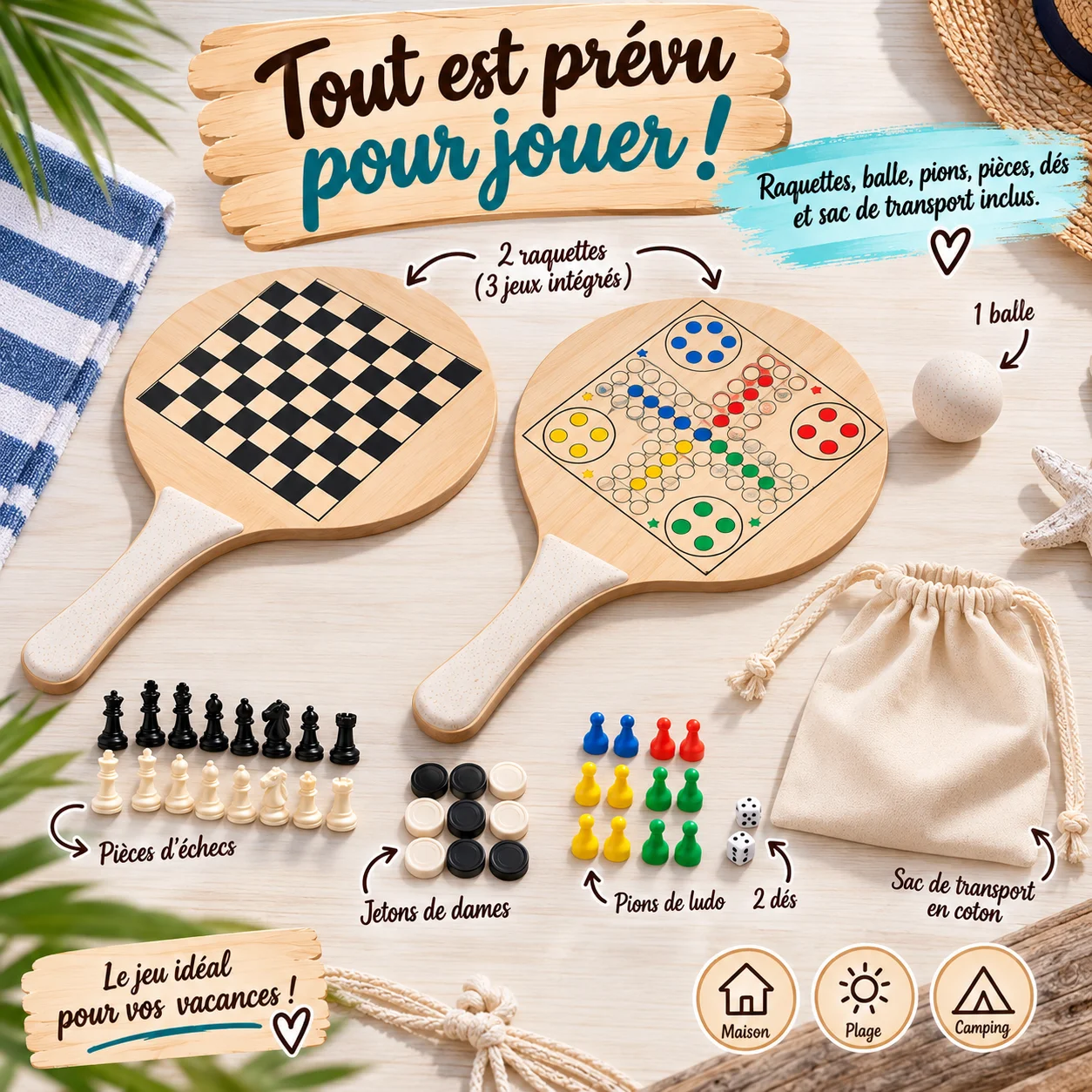 Raquettes de plage personnalisées avec 3 jeux intégrés – Image 5