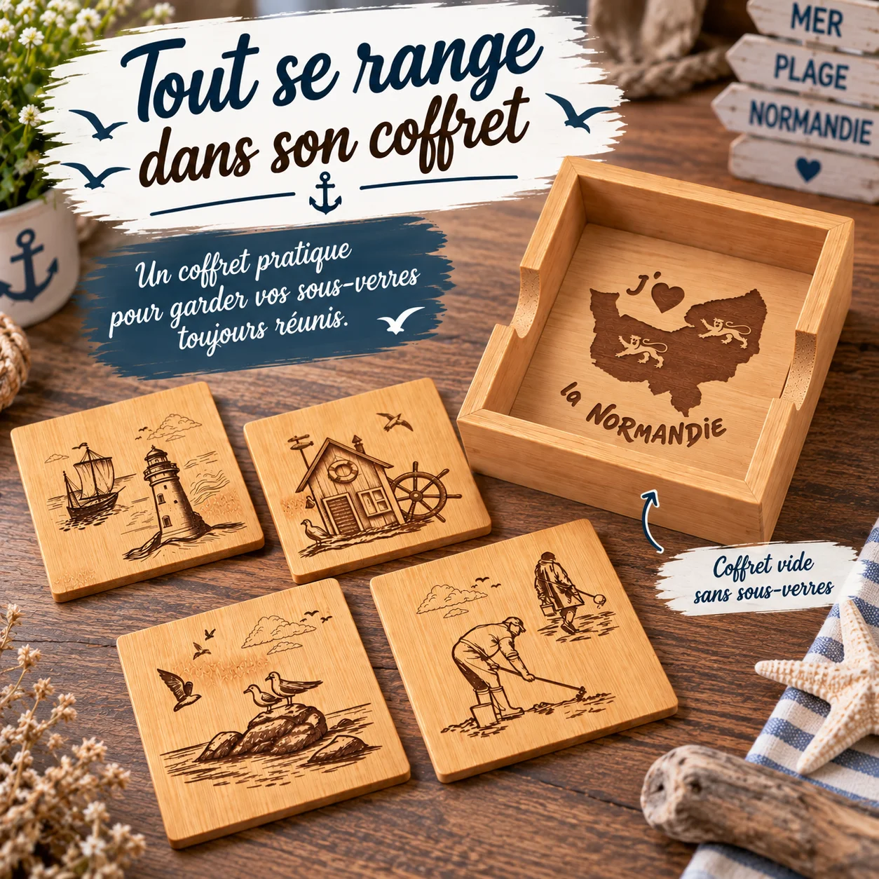 Sous-verres en bambou – Thème Normandie – Lot de 4 avec coffret – Image 5
