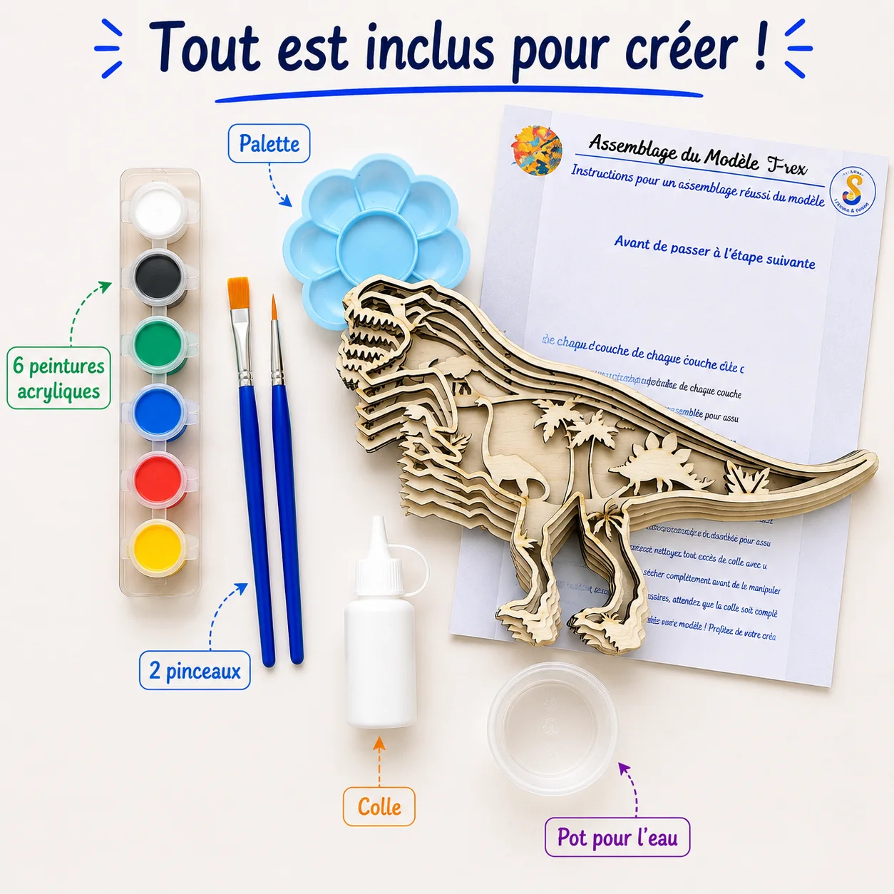 Kit créatif 3D en bois à peindre – Dinosaure T-Rex – Image 2