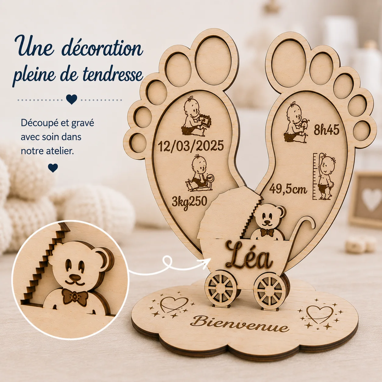 Décoration naissance personnalisée en bois – Pieds de bébé et landau – Image 4